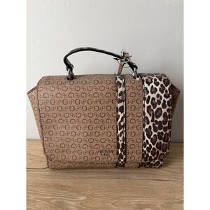 Guess Monogram Leopard Print Satchel Handbag Brown Tan Logo Top Handle Purse